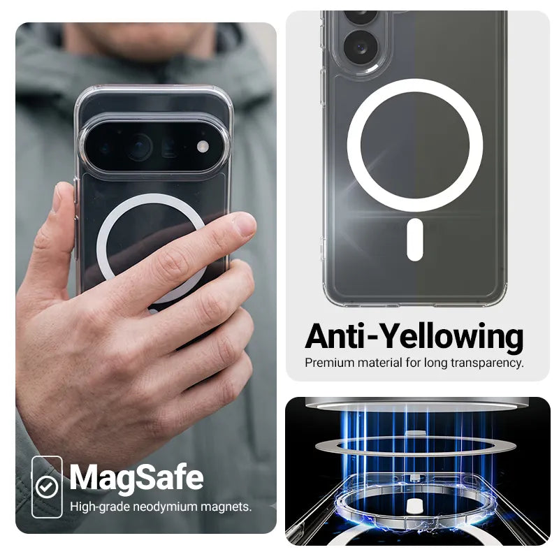 Crong Hybrid Clear Magnetic – MagSafe dėklas Google Pixel 11 Pro (skaidrus)