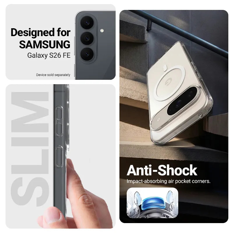 Crong Hybrid Clear Magnetic – „MagSafe“ dėklas, skirtas „Samsung Galaxy S26 FE“ (skaidrus)