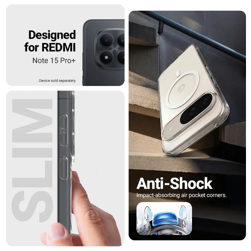 Crong Hybrid Clear Magnetic – MagSafe dėklas, skirtas Xiaomi Redmi Note 15 Pro+ (skaidrus)