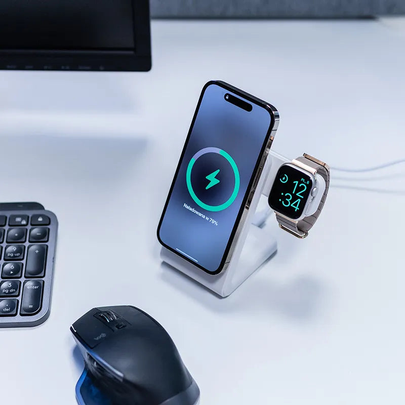 Crong MagSpot Pivot Stand - 3-in-1 belaidis įkroviklis su MagSafe, skirtas iPhone, Apple Watch ir AirPods (baltas)
