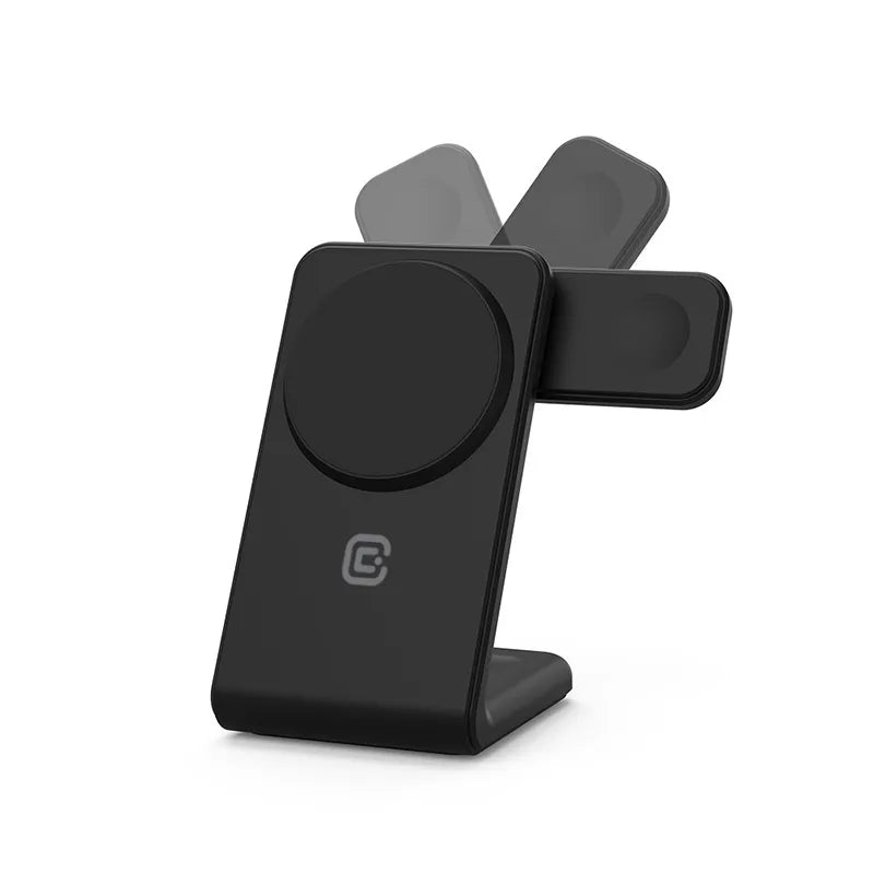 Crong MagSpot Pivot Stand - 3-in-1 belaidis įkroviklis su MagSafe, skirtas iPhone, Apple Watch ir AirPods (juodas)