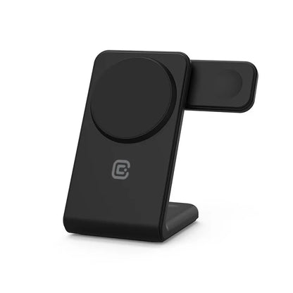 Crong MagSpot Pivot Stand - 3-in-1 belaidis įkroviklis su MagSafe, skirtas iPhone, Apple Watch ir AirPods (juodas)