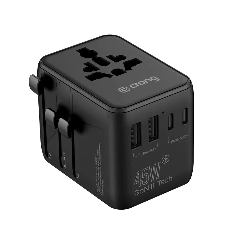 Crong One World kelionių adapteris – universalus GaN kelionių adapteris 45W UK/EU/US/AU (juodas)