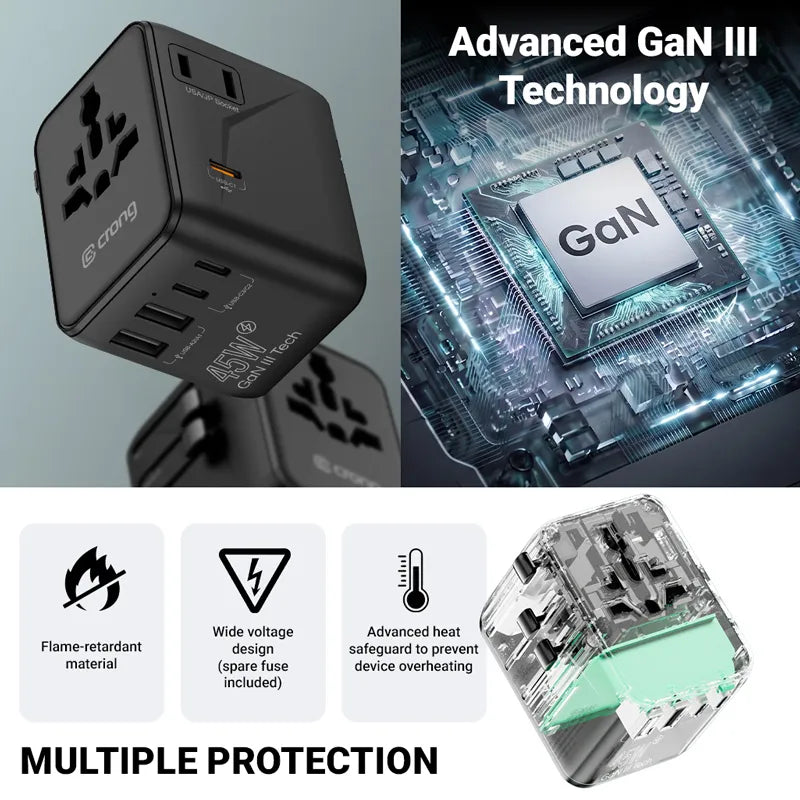 Crong One World kelionių adapteris – universalus GaN kelionių adapteris 45W UK/EU/US/AU (juodas)