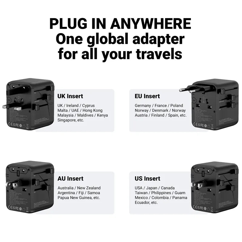 Crong One World kelionių adapteris – universalus GaN kelionių adapteris 45W UK/EU/US/AU (juodas)