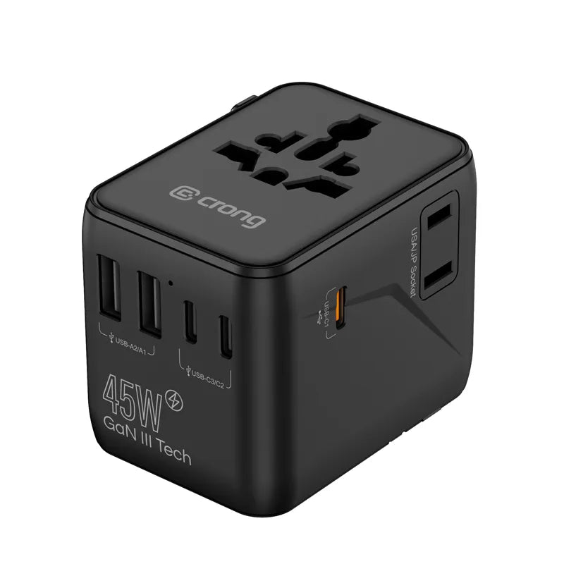 Crong One World kelionių adapteris – universalus GaN kelionių adapteris 45W UK/EU/US/AU (juodas)