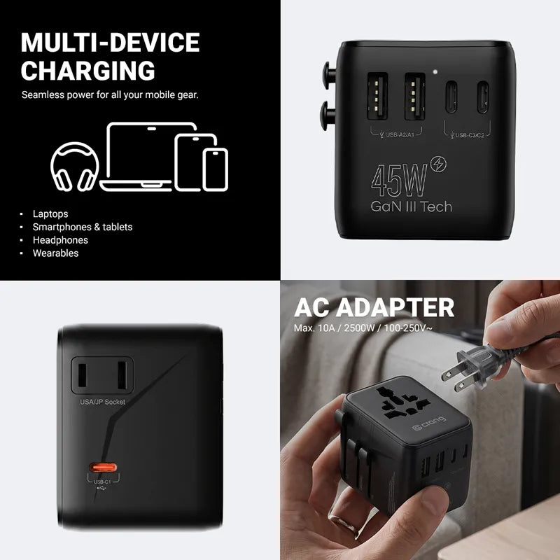 Crong One World kelionių adapteris – universalus GaN kelionių adapteris 45W UK/EU/US/AU (juodas)