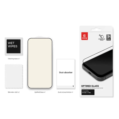 Crong OptiRed Glass – grūdintas stiklas su mėlynos šviesos filtru, skirtas iPhone 17 Pro