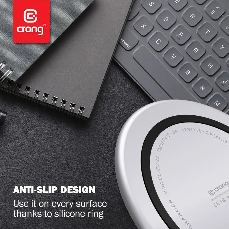 Crong PowerSpot Greitas belaidis įkroviklis – 15 W aliuminio USB-C Qi belaidis įkroviklis su grūdinto stiklo danga (šešėlio juoda)