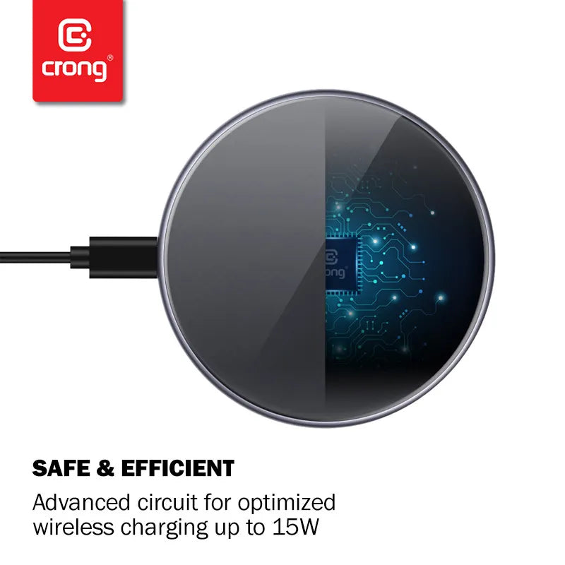 Crong PowerSpot Greitas belaidis įkroviklis – 15 W aliuminio USB-C Qi belaidis įkroviklis su grūdinto stiklo danga (šešėlio juoda)