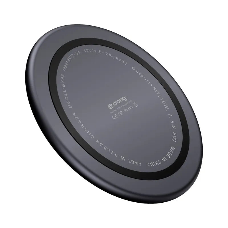 Crong PowerSpot Greitas belaidis įkroviklis – 15 W aliuminio USB-C Qi belaidis įkroviklis su grūdinto stiklo danga (šešėlio juoda)