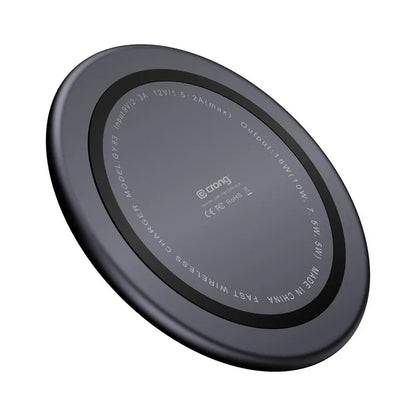 Crong PowerSpot Greitas belaidis įkroviklis – 15 W aliuminio USB-C Qi belaidis įkroviklis su grūdinto stiklo danga (šešėlio juoda)