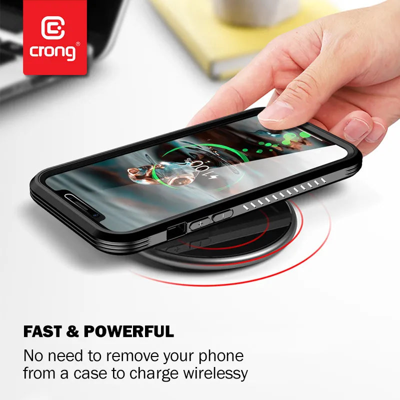 Crong PowerSpot Greitas belaidis įkroviklis – 15 W aliuminio USB-C Qi belaidis įkroviklis su grūdinto stiklo danga (šešėlio juoda)
