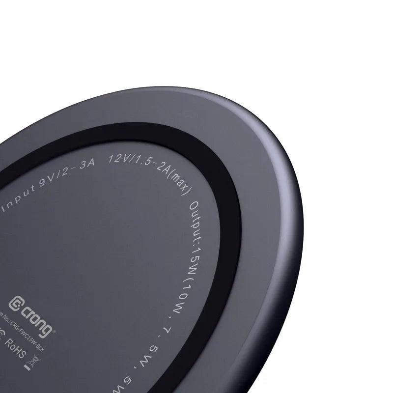 Crong PowerSpot Greitas belaidis įkroviklis – 15 W aliuminio USB-C Qi belaidis įkroviklis su grūdinto stiklo danga (šešėlio juoda)