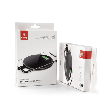 Crong PowerSpot Greitas belaidis įkroviklis – aliumininis 15 W USB-C Qi belaidis įkroviklis su grūdinto stiklo danga (sidabro baltumo)