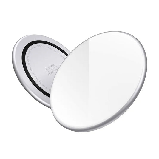 Crong PowerSpot Greitas belaidis įkroviklis – aliumininis 15 W USB-C Qi belaidis įkroviklis su grūdinto stiklo danga (sidabro baltumo)