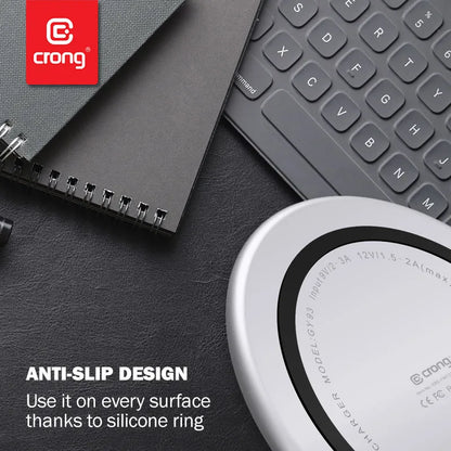 Crong PowerSpot Greitas belaidis įkroviklis – aliumininis 15 W USB-C Qi belaidis įkroviklis su grūdinto stiklo danga (sidabro baltumo)