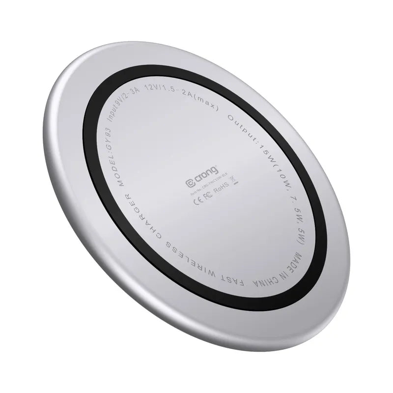 Crong PowerSpot Greitas belaidis įkroviklis – aliumininis 15 W USB-C Qi belaidis įkroviklis su grūdinto stiklo danga (sidabro baltumo)
