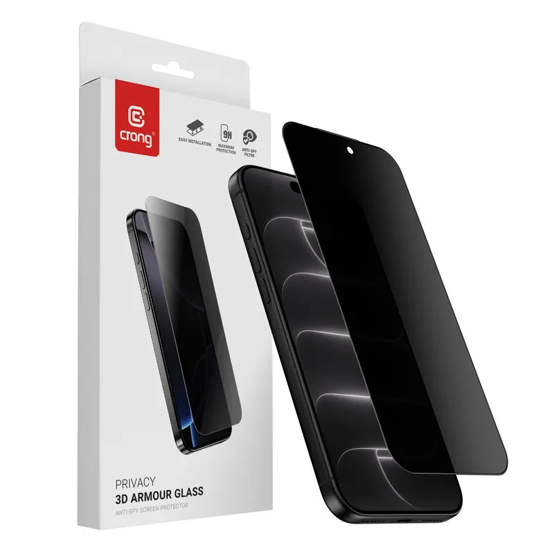 Crong Privacy 3D Armour Glass – grūdinto stiklo ekrano apsauga su privatumo filtru, skirta iPhone 18 Pro Max