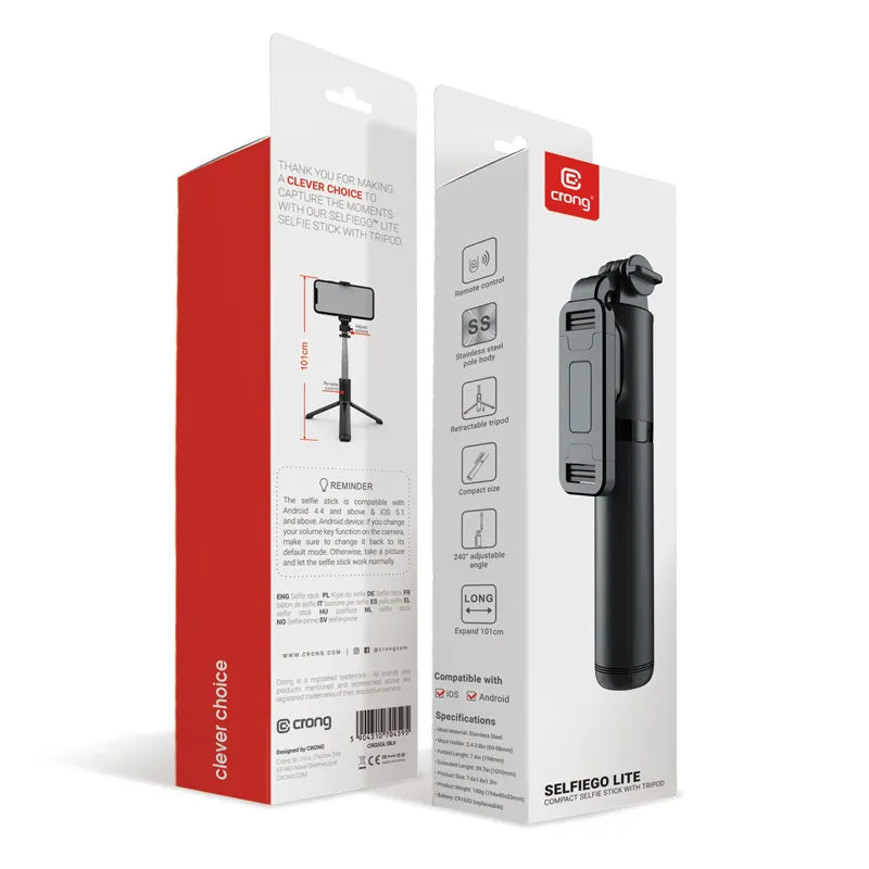 Crong SelfieGo Lite – Kompaktiškas „Bluetooth“ asmenukių lazdelės trikojis (juodas)