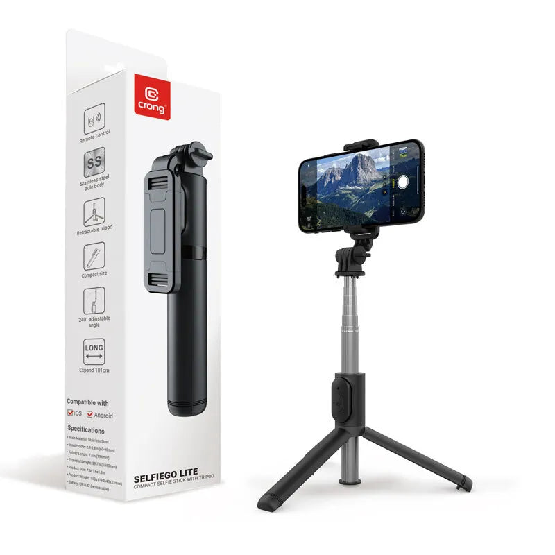 Crong SelfieGo Lite – Kompaktiškas „Bluetooth“ asmenukių lazdelės trikojis (juodas)