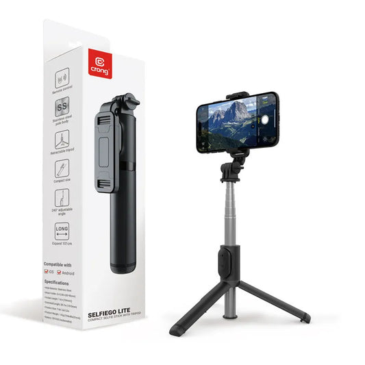 Crong SelfieGo Lite – Kompaktiškas „Bluetooth“ asmenukių lazdelės trikojis (juodas)