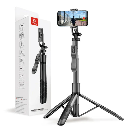 Crong SelfieGo Ultra – Aliuminio „Bluetooth“ selfie lazdelių trikojis (juodas)