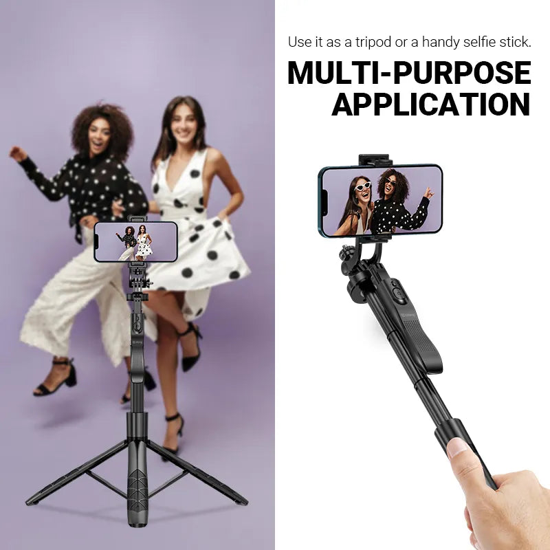 Crong SelfieGo Ultra – Aliuminio „Bluetooth“ selfie lazdelių trikojis (juodas)