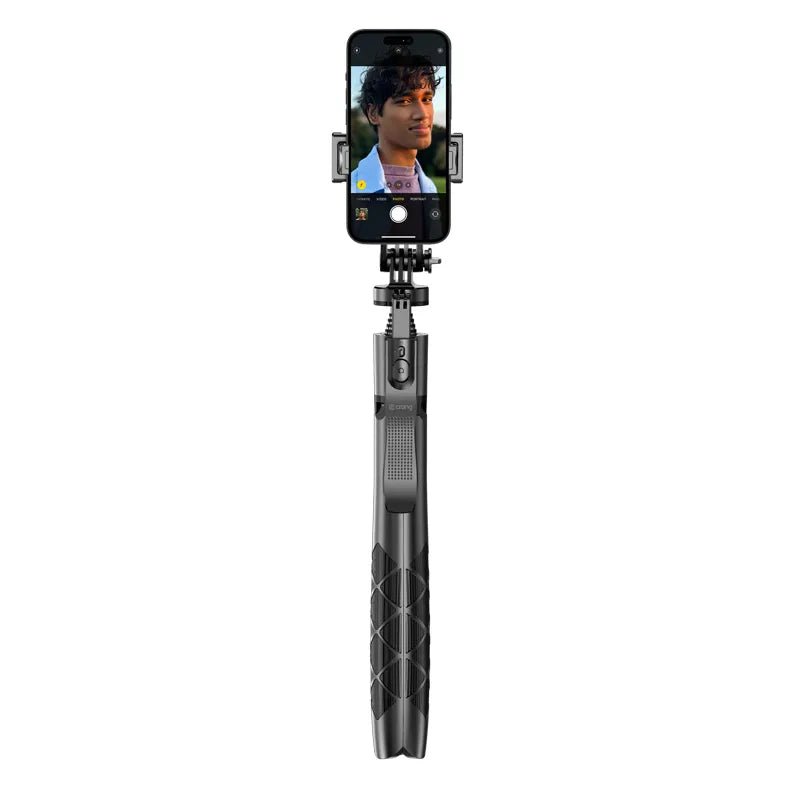 Crong SelfieGo Ultra – Aliuminio „Bluetooth“ selfie lazdelių trikojis (juodas)