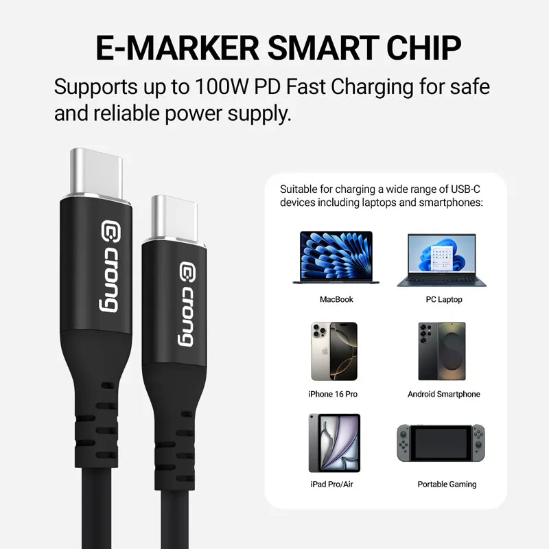 Crong Soft Link – 100W PD 5A USB-C į USB-C kabelis 120cm (juodas)