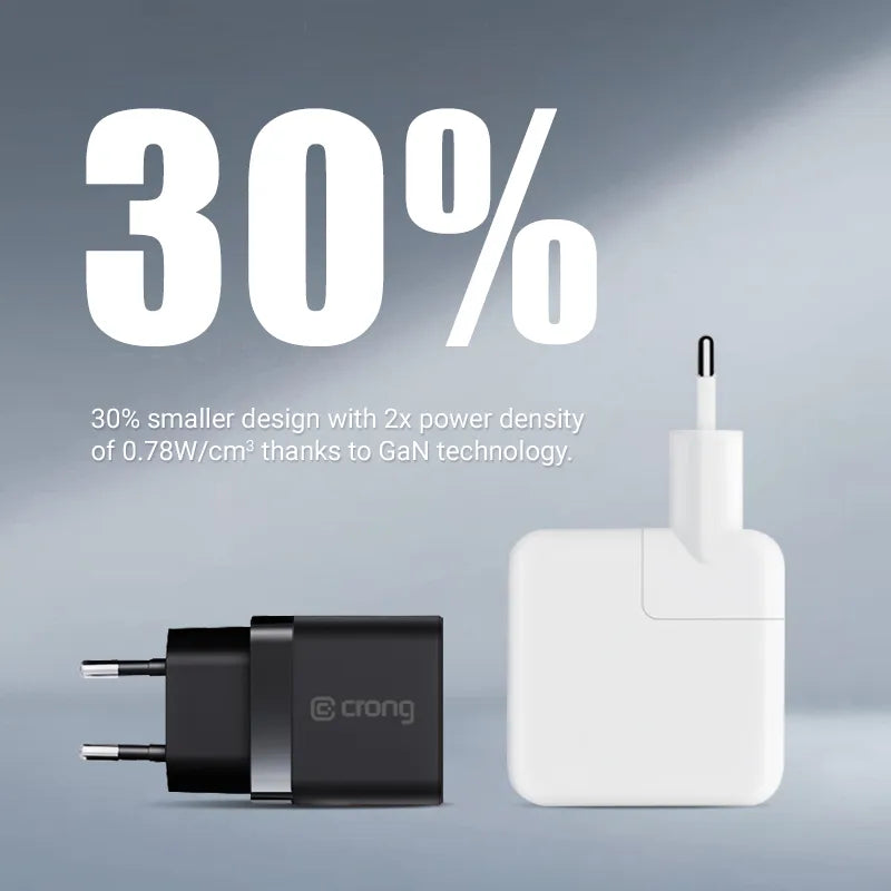 Crong Ultra Compact GaN - 2x USB-C 35W PD 3.0 sieninis įkroviklis su PPS (juodas)