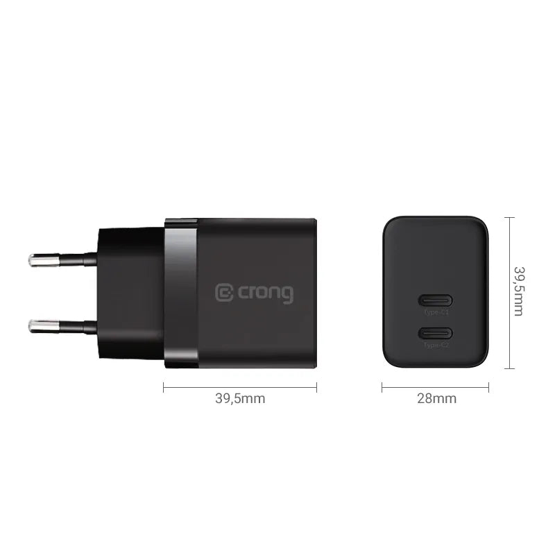 Crong Ultra Compact GaN - 2x USB-C 35W PD 3.0 sieninis įkroviklis su PPS (juodas)