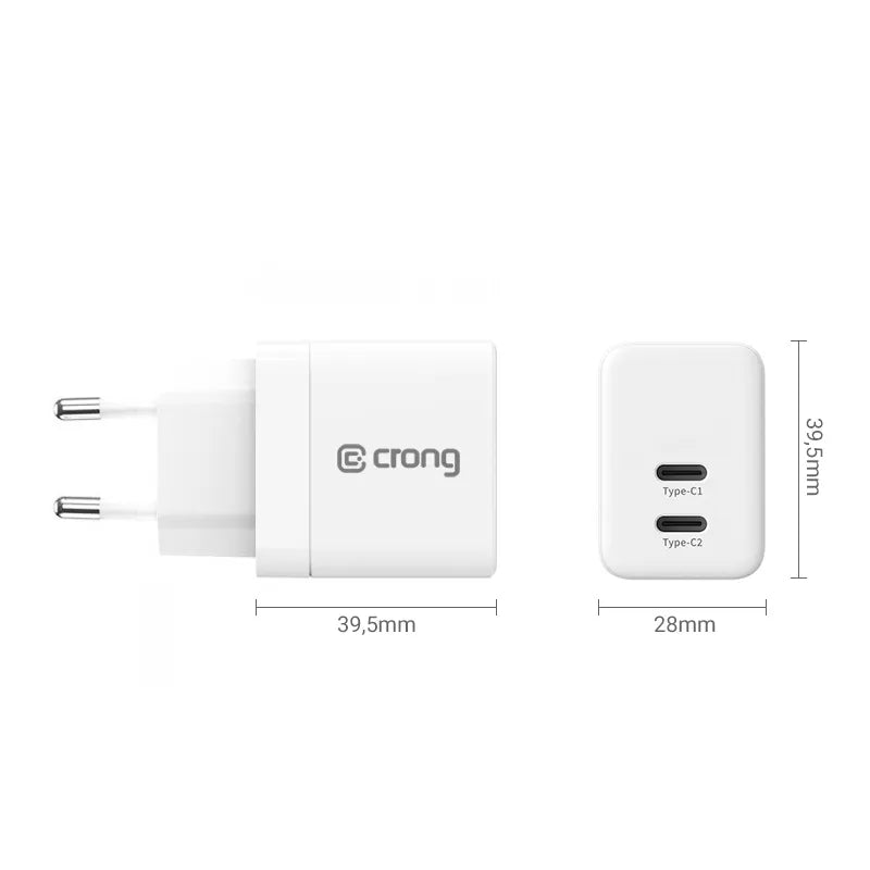 Crong Ultra Compact GaN - Sieninis įkroviklis 2x USB-C 35W PD 3.0 su PPS (baltas)