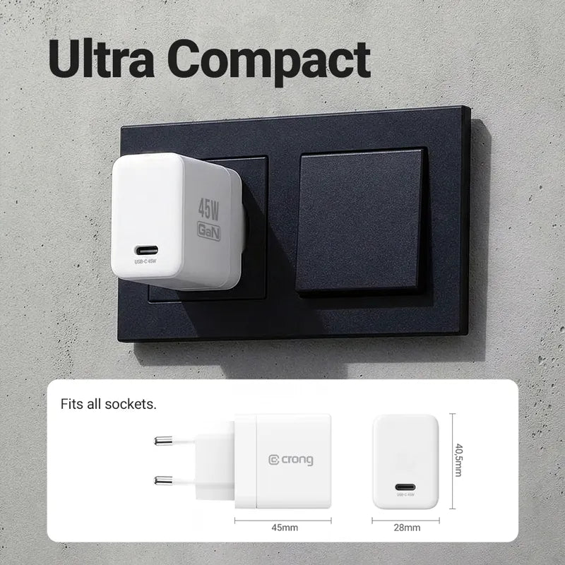 Crong Ultra Compact GaN - USB-C 45W PD 3.0 sieninis įkroviklis su PPS (baltas)