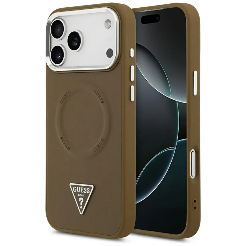 Dėklas iPhone 17 Pro su MagSafe, Trikampio logotipas (Rudos) - Guess
