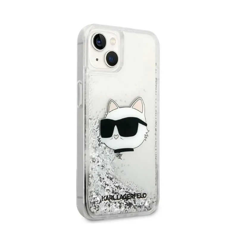 Dėklas Karl Lagerfeld su NFT Choupette galva ir skystais blizgučiais, skirtas iPhone 14 Plus (sidabrinis)