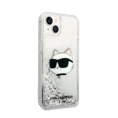 Dėklas Karl Lagerfeld su NFT Choupette galva ir skystais blizgučiais, skirtas iPhone 14 Plus (sidabrinis)