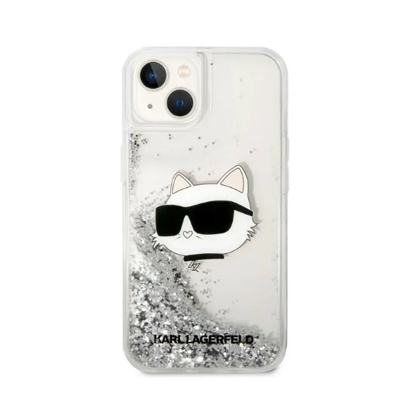 Dėklas Karl Lagerfeld su NFT Choupette galva ir skystais blizgučiais, skirtas iPhone 14 Plus (sidabrinis)