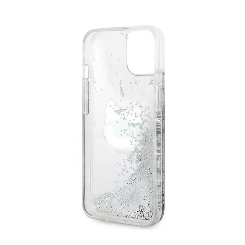 Dėklas Karl Lagerfeld su NFT Choupette galva ir skystais blizgučiais, skirtas iPhone 14 Plus (sidabrinis)