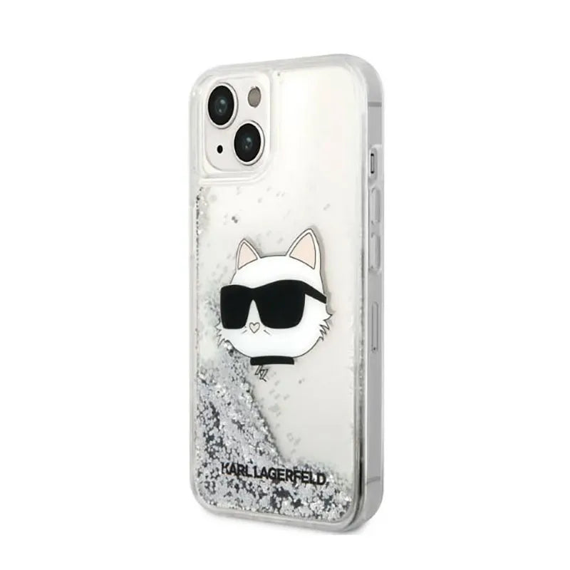 Dėklas Karl Lagerfeld su NFT Choupette galva ir skystais blizgučiais, skirtas iPhone 14 Plus (sidabrinis)