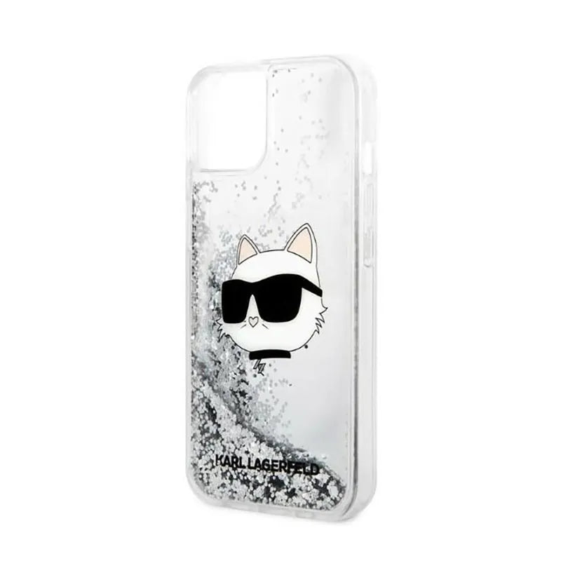 Dėklas Karl Lagerfeld su NFT Choupette galva ir skystais blizgučiais, skirtas iPhone 14 Plus (sidabrinis)