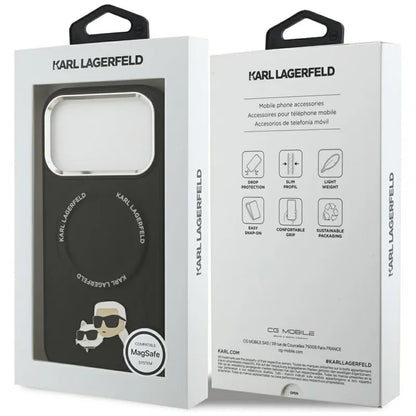 Dėklas MagSafe Karl Lagerfeld Karl & Choupette Smeigtukai, skirtas iPhone 17 Pro Max (juodas)
