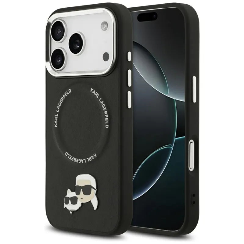 Dėklas MagSafe Karl Lagerfeld Karl & Choupette Smeigtukai, skirtas iPhone 17 Pro Max (juodas)