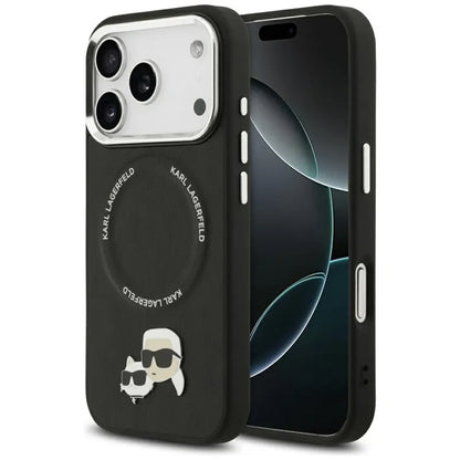 Dėklas MagSafe Karl Lagerfeld Karl & Choupette Smeigtukai, skirtas iPhone 17 Pro Max (juodas)