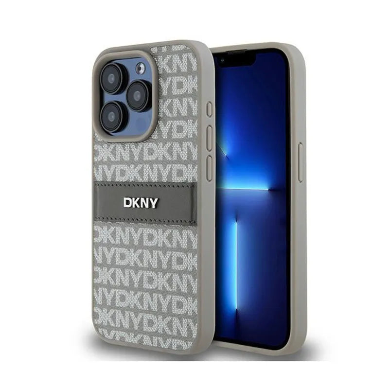DKNY Dėklas iPhone 15 Pro, odinis, su mono juosta ir metaliniu logotipu (smėlio spalvos)