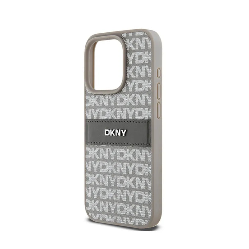 DKNY Dėklas iPhone 15 Pro, odinis, su mono juosta ir metaliniu logotipu (smėlio spalvos)