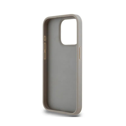 DKNY Dėklas iPhone 15 Pro, odinis, su mono juosta ir metaliniu logotipu (smėlio spalvos)