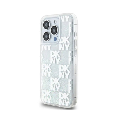 DKNY Dėklas su skystais blizgučiais ir daug logotipų, skirtas iPhone 15 Pro (baltas)