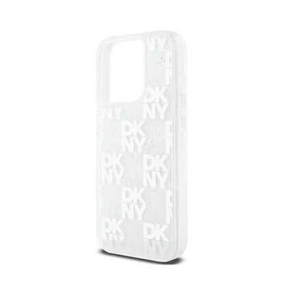 DKNY Dėklas su skystais blizgučiais ir daug logotipų, skirtas iPhone 15 Pro (baltas)