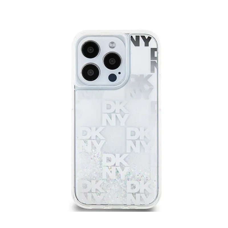 DKNY Dėklas su skystais blizgučiais ir daug logotipų, skirtas iPhone 15 Pro (baltas)